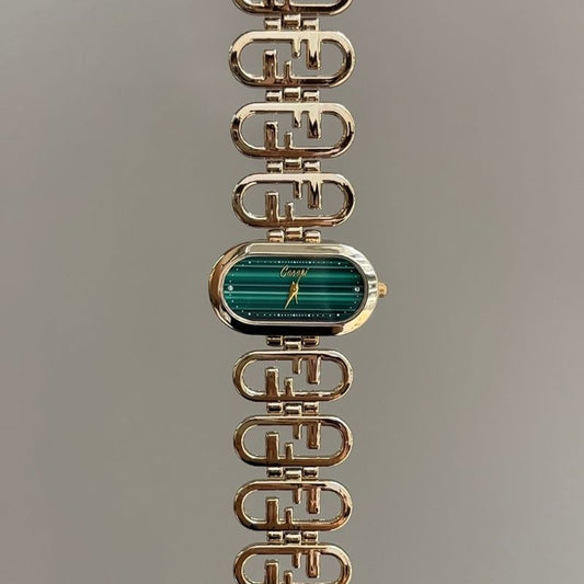 Vintage Luxe:Green Oval Dial Watch – Gold Oval Case & Gold Stainless Steel Band Quartz
