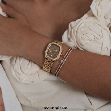 Art Deco Brown Square Dial Watch – Gold Crystal Quartz Bracelet