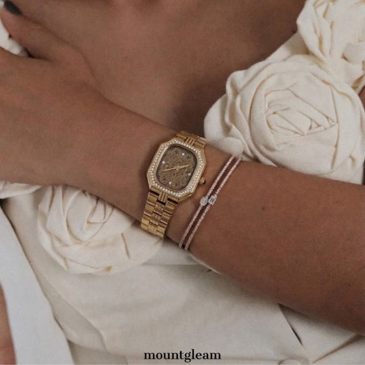 Art Deco Brown Square Dial Watch – Gold Crystal Quartz Bracelet
