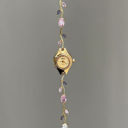 Romantic Radiance:Gold Round Dial Watch – Gold Case & Pink Floral Diamond-Accent Stainless Steel Band Quartz