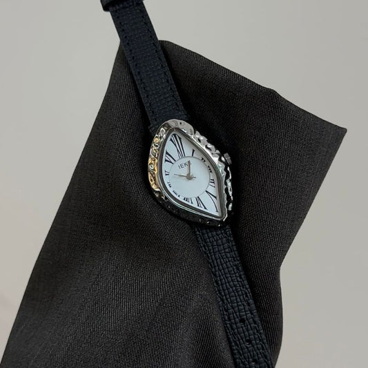 Artistic Edge:White Irregular Dial Watch – Silver Irregular Case & Black Leather Band Quartz