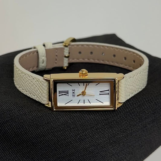 Clean MinimalismWhite Rectangle Dial Watch – Gold Rectangle Case & White Leather Band Quartz