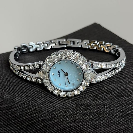 Celestial Radiance：Blue Round Dial Bangle Watch – Silver Round Case & Silver Diamond-Accent Stainless Steel Bracelet Quartz
