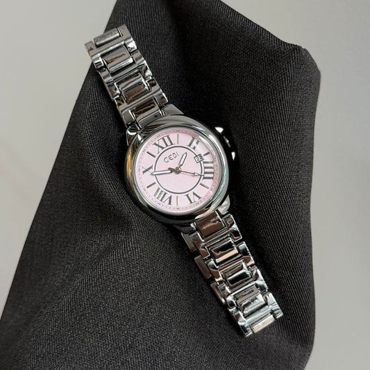 Everyday Charm：Pink Round Dial Watch – Silver Round Case & Silver Stainless Steel Band Quartz
