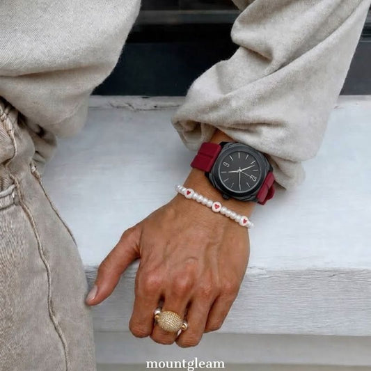 Casual Cool: Black Round Dial Watch with Black Bezel & Red Silicone Strap