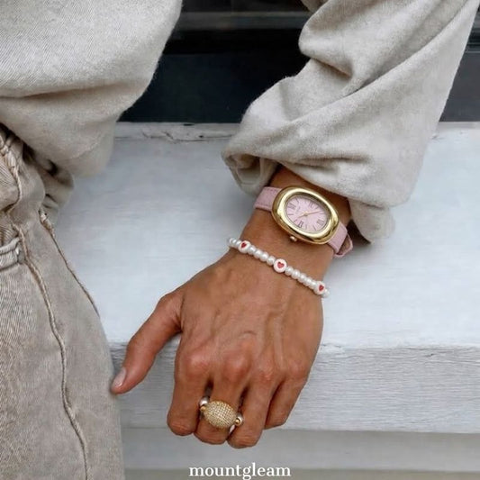 Romantic Feminine： Pink Oval Dial Watch – Gold Oval Case & Pink Leather Band Quartz