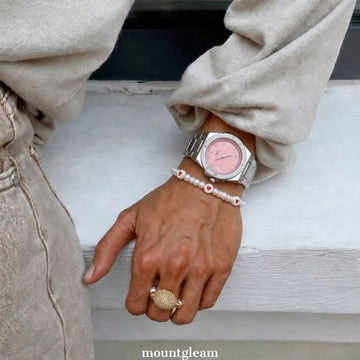 Delicate Chic: Pink Round Dial Watch with Silver Stainless Steel Bracelet