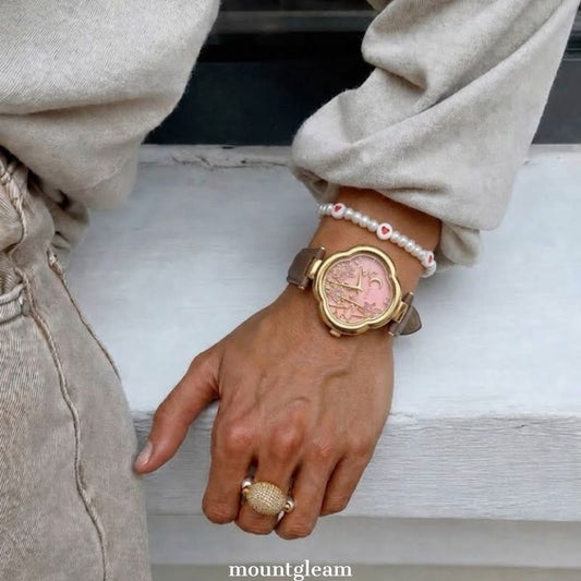 Blossom Shape: Pink Flower Dial Watch with Gold Flower Bezel & Brown Leather Strap