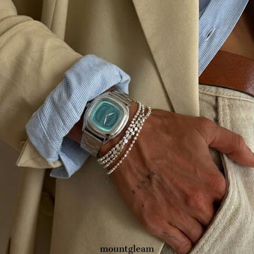 Smart Elegance: Blue Square Dial Watch with Silver Square Bezel & Silver Stainless Steel Bracelet
