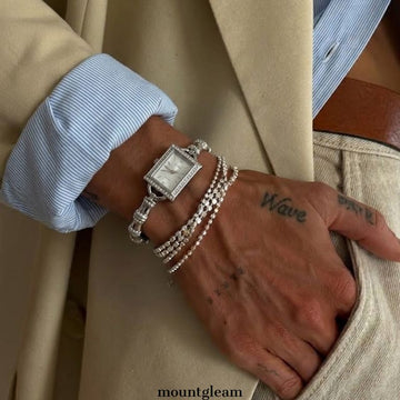 Modern Minimalist: Silver Rectangular Dial Watch with Silver Bezel & Bamboo-Segment Chain Bracelet