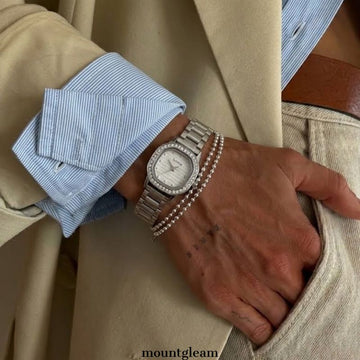 Modern Minimalist Silver Rectangular Dial Diamond Bezel Stainless Steel Quartz Watch