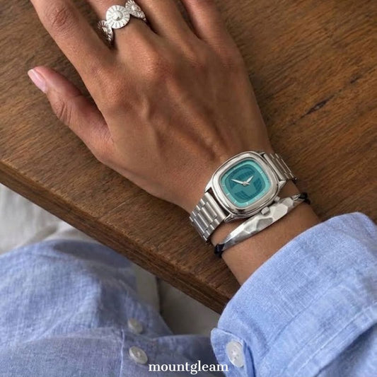 Smart Elegance: Blue Square Dial Watch with Silver Square Bezel & Silver Stainless Steel Bracelet