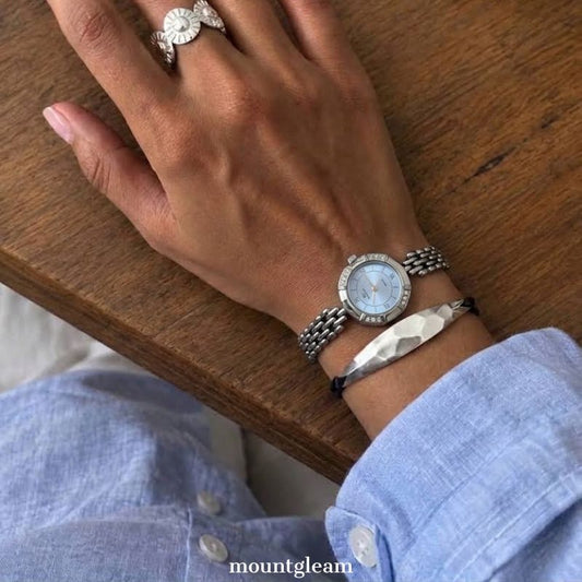 French Vintage Silver Bracelet Women’s Quartz Watch – Blue Roman Numeral Octagon Case Ladies Wristwatch