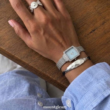 Frosted Blue Timepiece: Square Mother of Pearl and Diamond Mesh Band Watch