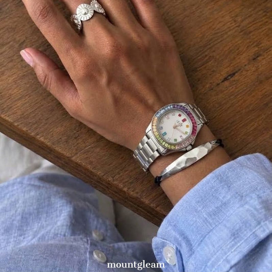 Silver Bracelet Quartz Watch for Women – Colorful Gem-Set Case & Bold Dial, Dopamine Chic
