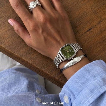 Orologio per collegamenti in acciaio argento: orologio quadrante verde quadra