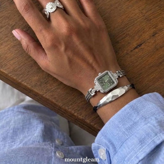 Silver Tassel Timepiece: Green Numeric Square Quartz Watch