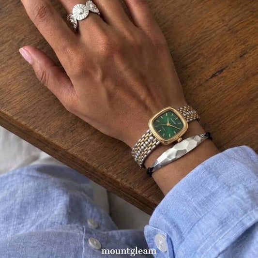 Elegant Rectangle Green Dial Gold Case with Gold-Silver Alloy Band | Quartz Movement