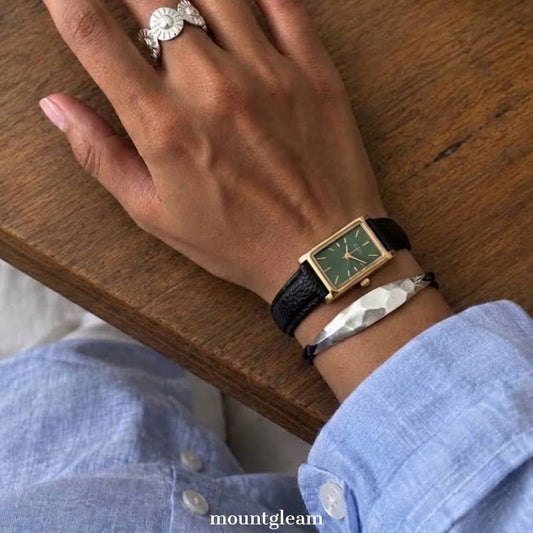 Aura Square Classic - Green Dial Black Leather Strap Quartz Watch