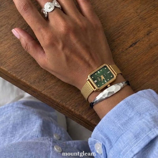 Vintage Luxury Green Rectangular Watch - Gold Wheat Quartz Bracelet