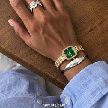 Opulent Radiance: Emerald Green Rectangular Diamond Dial Watch with Gold Diamond Bezel & Diamond Bracelet