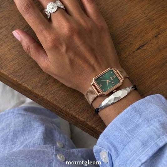Rose Gold Women’s Rectangular Green Dial Quartz Watch Elegant Vintage Style – Roseverde