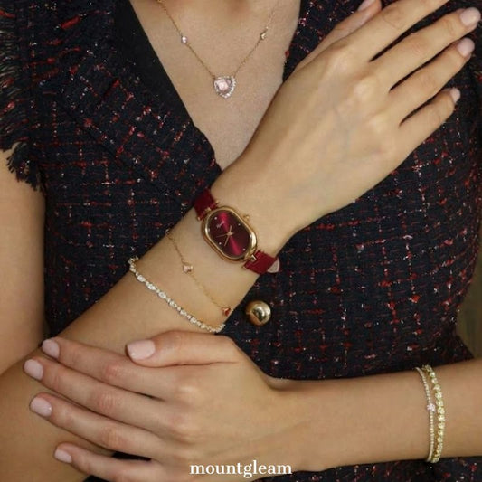 Elongated Sophistication: Red Elongated Oval Dial Watch with Gold Bezel & Red Microfiber Strap