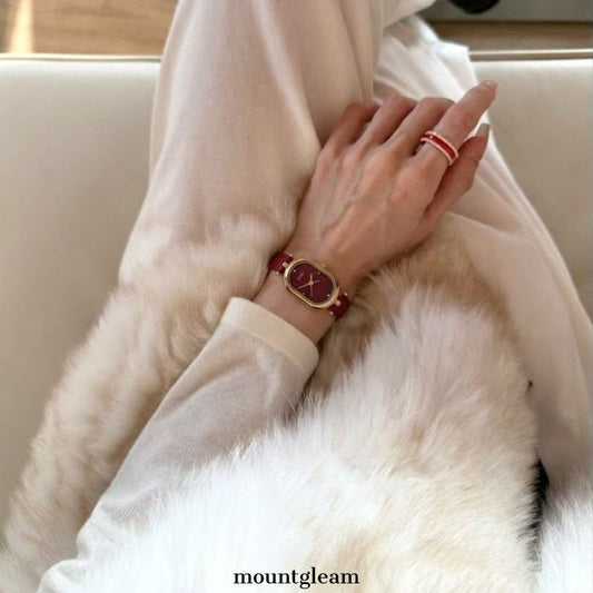 Elongated Sophistication: Red Elongated Oval Dial Watch with Gold Bezel & Red Microfiber Strap