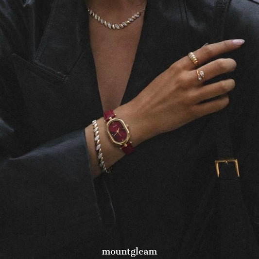 Elongated Sophistication: Red Elongated Oval Dial Watch with Gold Bezel & Red Microfiber Strap