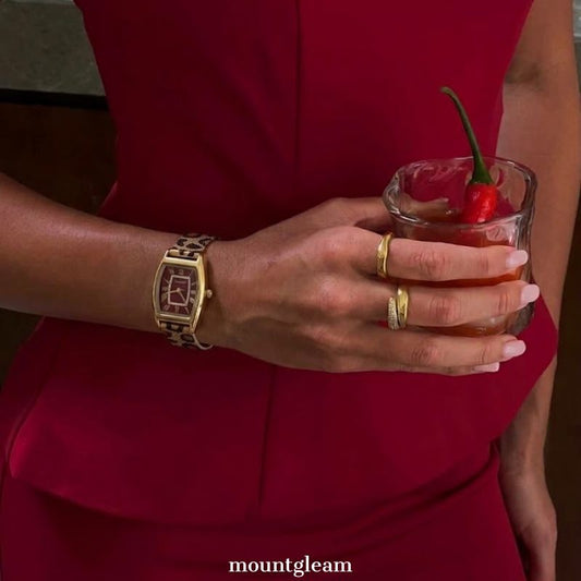Wild Luxury：Red Barrel Dial Watch – Gold Tonneau Case & Brown Leopard Print Stainless Steel Band Quartz