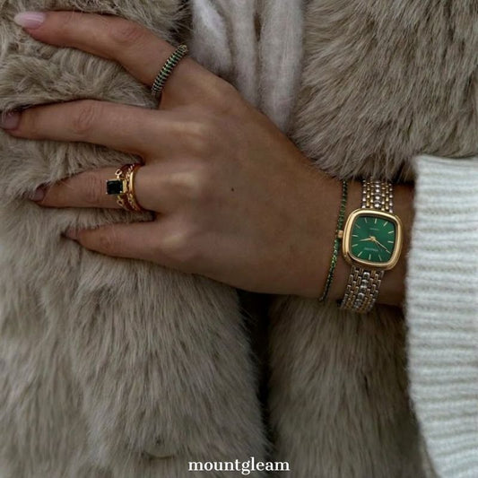 Elegant Rectangle Green Dial Gold Case with Gold-Silver Alloy Band | Quartz Movement