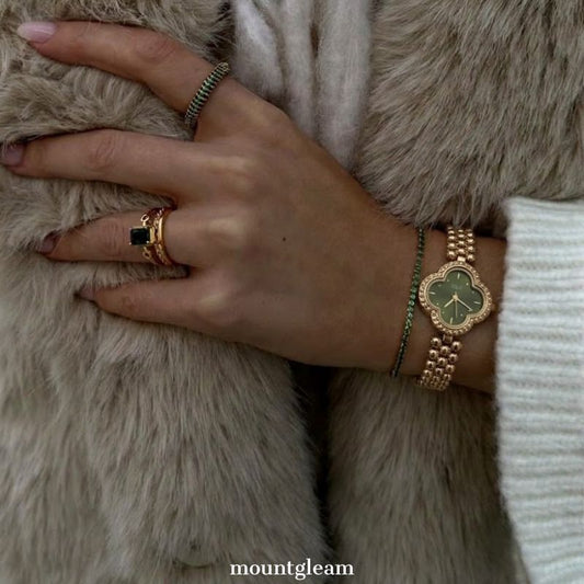 Gilded Natural: Green Clover Dial Watch with Gold Clover Bezel & Alloy Bracelet