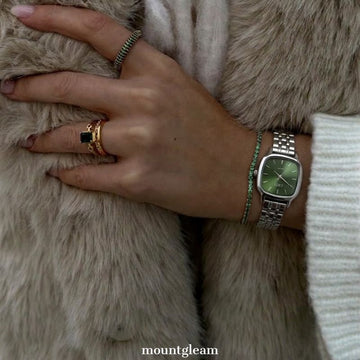 Silver Steel Link Timepiece: Mini Square Green Dial Watch