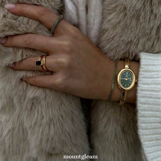 Vintage Emerald Green Dial Watch – Elegant Gold Bangle Watch for Women