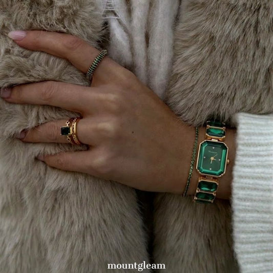 Modern Chic: Green Rectangle Dial with Gold Bezel & Green Gemstone Inlaid Bracelet