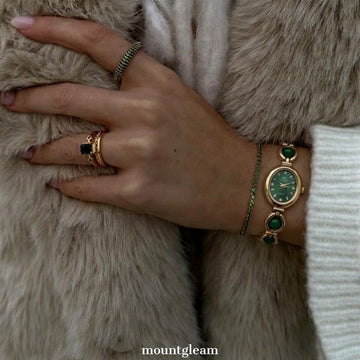 Green Chrysoprase Inlay Gold Bracelet & Gold Dial Ladies Quartz Watch