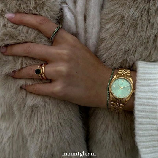 Moderne Damenarmbanduhr mit grünem Zifferblatt – Goldfarbene Lünette & Goldlegierungsarmband Quarz
