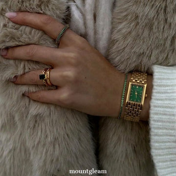 Bold Contrast: Green Rectangle Dial with Full Gold-Tone Bracelet