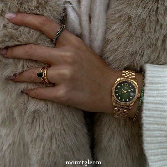 Versatile Charm: Green Round Dial Watch with Gold Stainless Steel Bracelet
