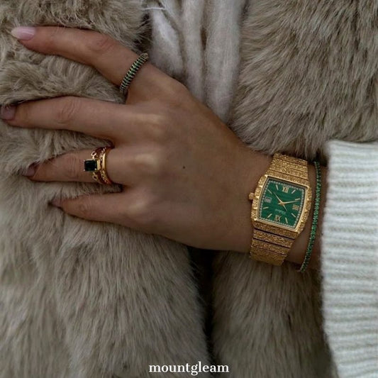 Modern Glamour: Green Rectangle Diamond Dial with Gold Bezel & Bracelet