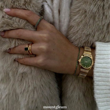Timeless Sophistication: Gold Bamboo Bracelet & Green Dial Quartz Watch