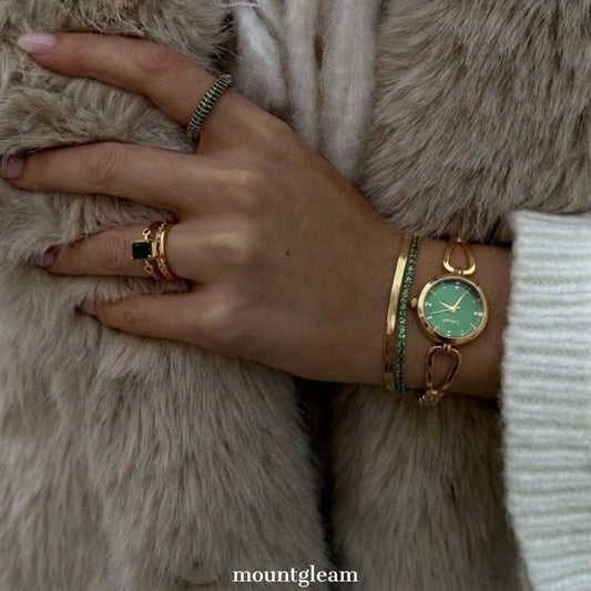 Gilded Elegance: Green Round Dial Watch with Gold Bezel & Bracelet