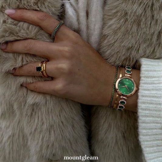 Modern Romantic: Green Round Dial with Rose Gold Bezel & Green Gemstone Bracelet