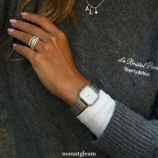 Minimalist Luxury White Rectangular Dial Watch - Silver Stainless Steel Quartz Bracelet