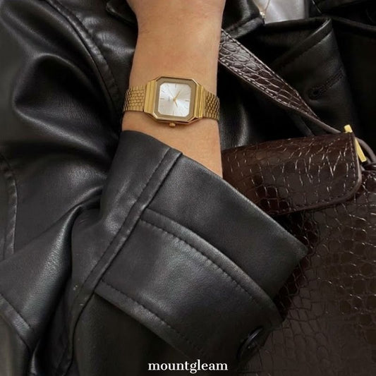 Stylish Bold Gold Wide Strap Watch with Large Square Dial – Women’s Quartz Watch
