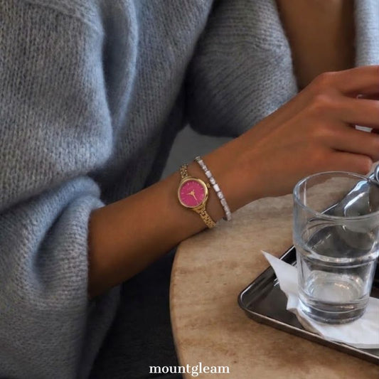 Modern Romantic Pink Round Dial Watch - Gold Bezel & Gold Alloy Slim Strap Quartz