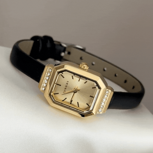 Refined Luxury: Gold Rectangular Dial Watch with Gold Diamond Bezel & Black Leather Strap