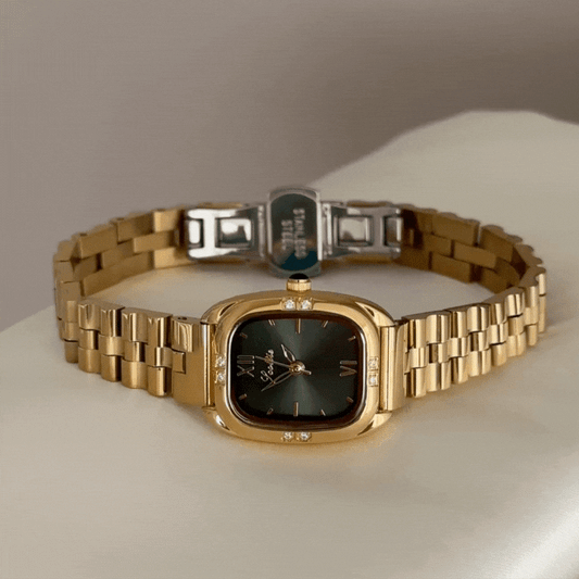 Modern Green Square Dial Watch – Gold Bezel & Gold Stainless Steel Bracelet Quartz