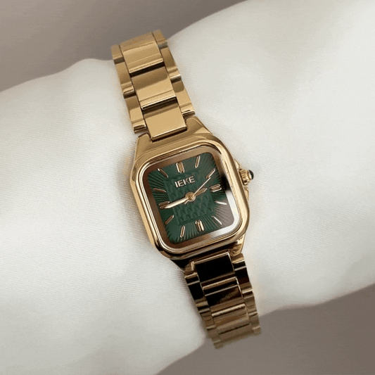 Vintage Luxe: Emerald Square Dial Watch with Gold Bezel & Stainless Steel Bracelet