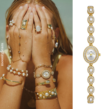 Women’s Quartz Bracelet Watch – Gold Diamond-Accented Chain with Oval White Dial